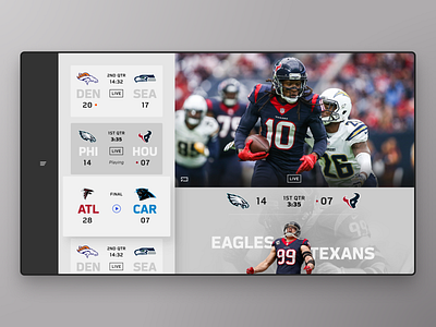 NFL TV App cards football navigation nfl player score sports tv app ui video