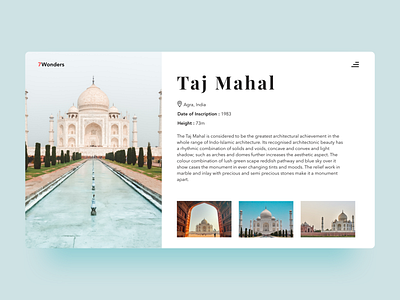 Taj Mahal | 7 wonders concept design flat minimal taj mahal tajmahal tourism travel traveling typography ui web web design website website concept