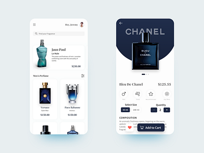 Perfume App UI chanel concept design interface interfacedesign minimal mobile app mobile ui perfume shopping app store ui uidesign ux