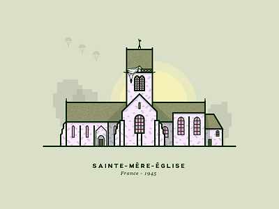 Lonely Landing building church filled flat france illustration outline parachute perfect pixel vector war