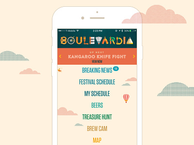 Boulevardia App - Homescreen app menu black ui colorful colorful menu design colorful ui design festival app festival app design home ios ios app ui design ux design