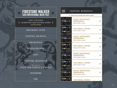 Firestone Walker Festival App - Menu + Festival Schedule app schedule beer festival beer festival app festival app festival schedule grey ui ios app modern texture schedule ui design ux desig
