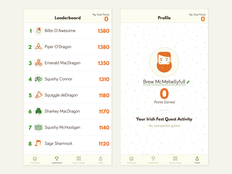 Irish Festival App Leaderboard + Profile list ui navigation game play profile design profile avatar leaderboard design leaderboard childrens game pattern game ui clean ui
