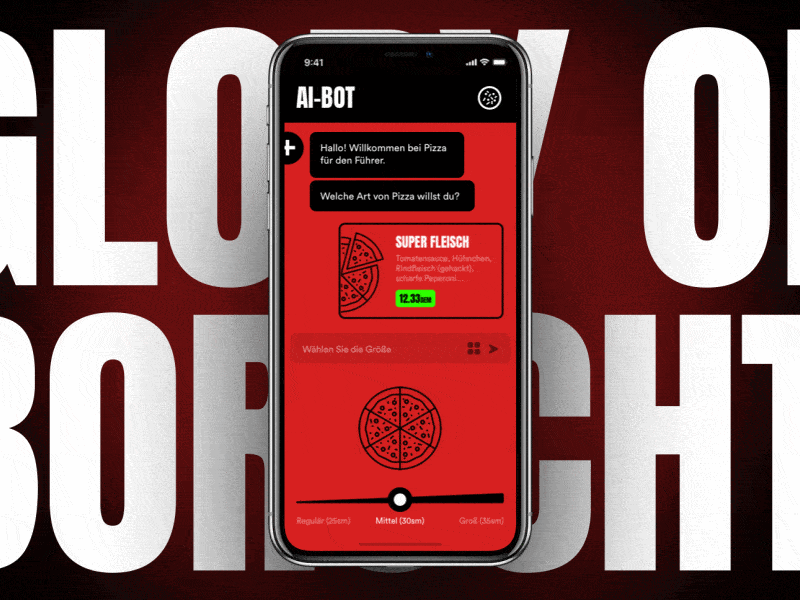 Hourly UI 10:00 - Select pizza size ai bot animation chat messenger mobile pizza size ui ux