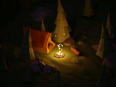 Campfire animation bumper camp fire motion nature render tent tree video yule yule log