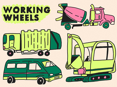Working Wheels cement mixer drawing excavator garbage truck green illustration kidlit pink procreate shaky trucks van