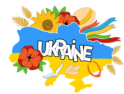 Ukrainian map with national symbols blue and yellow branding brave ukraine calligraphy children illustration design future help illustration poppy poster print design stand with ukraine sunflower support ukraine ukraine ukrainian national symbols wheat