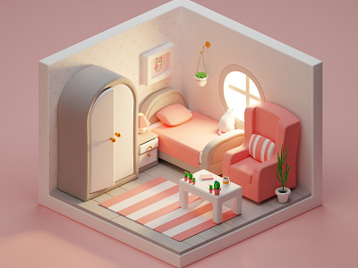 3D Isometric Cute Pink Bedroom