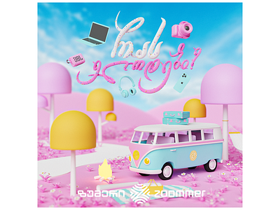 3D Summer Poster for Zoomer 3d 3d model 3d modeling blender blue camping cartoon cream cute cycles ice cream illustration lettering pastel pink poster sky summer travel van