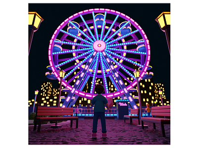 Kid in an Amusement Park 3d 3d model 3d modeling blender blue cartoon colors cute cycles design kid lights low poly neon neon lights neons pink retro scene yellow