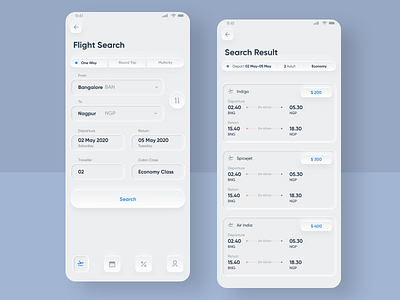 Flight search Skeuomorphic Design UI