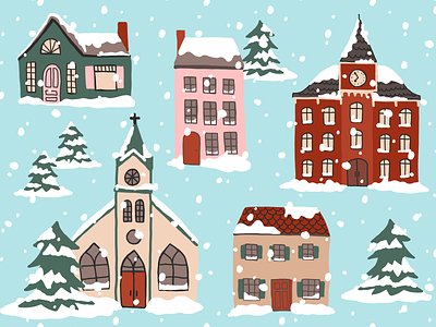 Cozy winter village snow scene illustration design drawing fun graphic design illustration vector