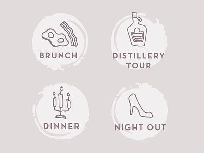 Bachelorette Party Illustrations brunch dance day dinner distillery tour drawing high heel icon line party plan shoe