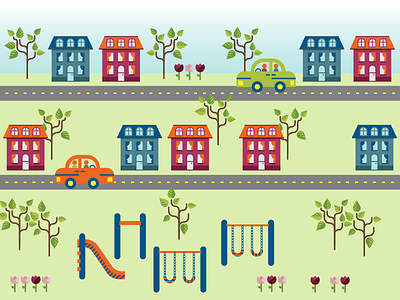 Illustration for Discover's 2017 corporate responsibility report cars community discover financial fun home housing illustration park playground streets village