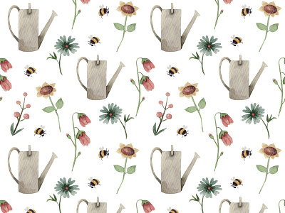 Watercolor floral seamless pattern with watering cans. bee design fabric floral florist flowers gardening hand drawn illustration paper seamless pattern watercolor watering can