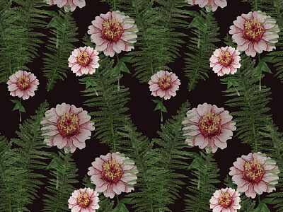 Watercolor seamless pattern of fern leaves and zinnias