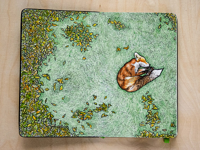 Sleeping Fox - Moleskine autumn fox grass illustration leaves moleskine sleeping watercolor watercolour