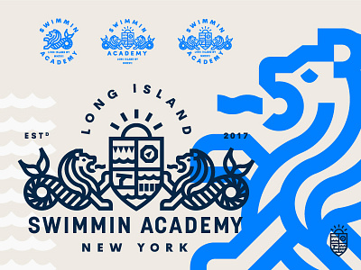 Swimmin Academy academy badge camp crest identity lion lockup logo sea swimming