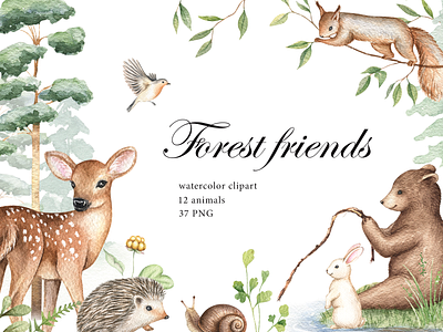 Watercoor forest friends hand drawn illustration watercolor watercolor clipart watercolor forest woodland animals