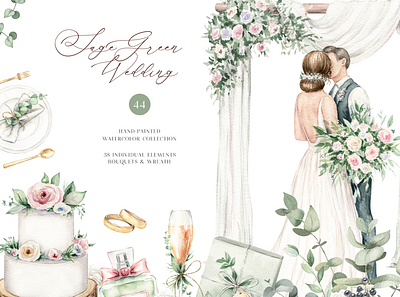 Watercolor sage green wedding design hand drawn illustration watercolor watercolor clipart wedding