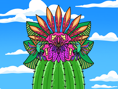 Desert Flower cactus colorful hummingbird illustration oaxacan alebrijes procreate