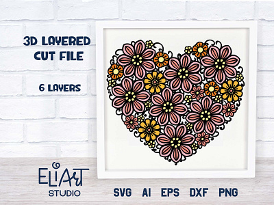 Layered Floral Heart SVG Cut File 3d svg cut file cutting file floral heart flowers heart layered svg love svg wall decor