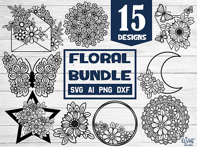Floral Bundle SVG Cut Files butterfly cut file cutting file floral frame graphic design illustration monogram moon star svg
