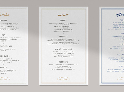 Café menus for Maison Chantilly brand design brand identity branding graphic design menu print design stationery typography