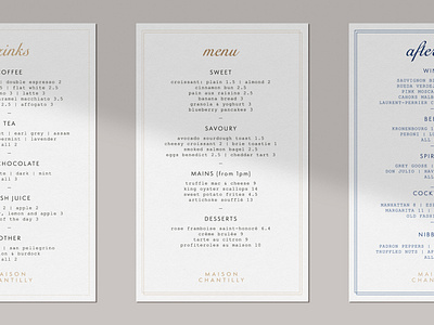 Café menus for Maison Chantilly