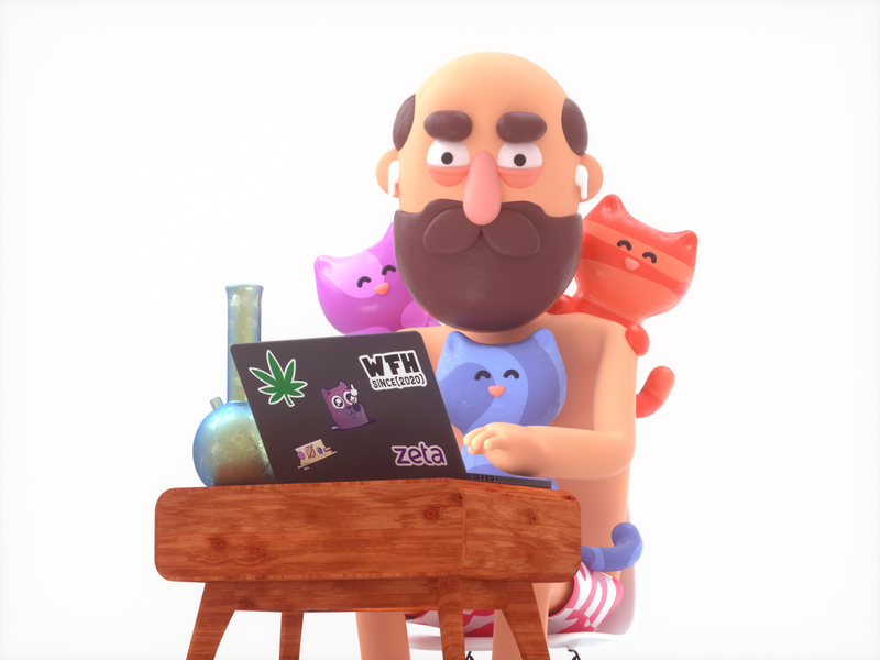 WFH. 3d beard bong branding c4d cats character characterdesign cinema4d illustraion octane octanerender web weed wfh