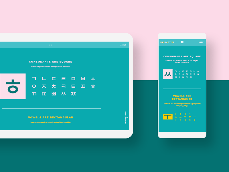 Types of Type #5 alphabet english guide hangul interactive korean responsive translation types of type typography website