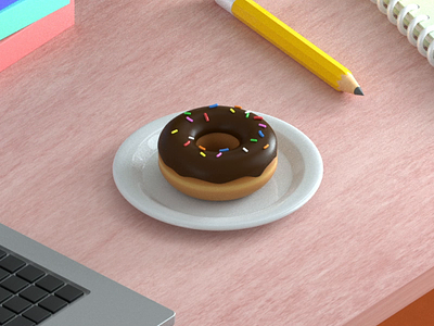 Desk & Donut 3d animation c4d cinema 4d colourful desk donut friendly illustration isomatric laptop octanerender office paper pen sprinkles textured