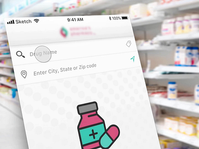 Prescription Savings Card flinto geolocation health app healthcare instant savings interaction design ios map medical mobile mobile app mobile design native app pharmacy prescription savings search search results sketch ui ux