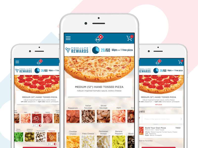 Customize Pizza, Checkout & Delivery Status checkout concept delivery app delivery status food app interaction design ios mobile mobile app design personalization photoshop rfp sketch split bill ui ux user experience user interface