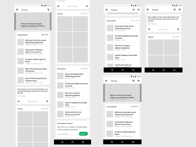 Mobile wireframes for Blog & Forum blogs discussion mobile more news read subscribe ux videos