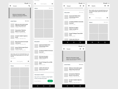 Mobile wireframes for Blog & Forum