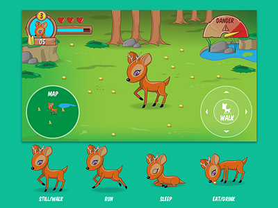 UX/UI and graphics for a videogame cartoon character design corn deer gold ui ux videogame