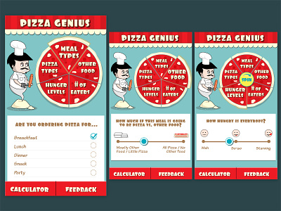 Pizza app design cartoonish genius pizza slices takeaway