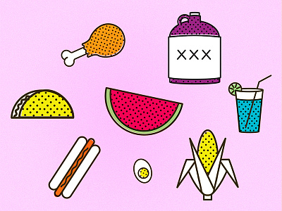 Potluck booze chicken corn drumstick iconography icons illustrations offset taco watermelon
