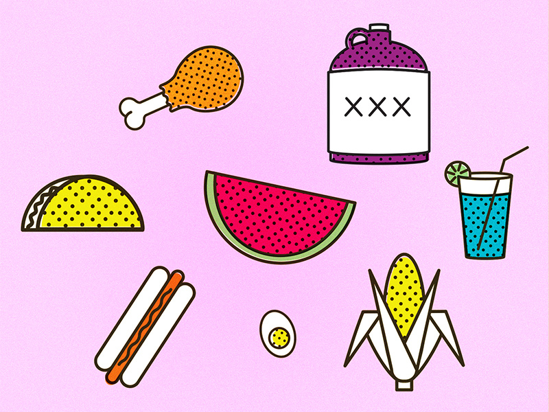 Potluck offset booze taco drumstick chicken corn watermelon illustrations icons iconography