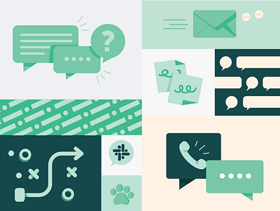 Conversations Guide bubble chat communication conversation cover design fintech green illustration layout layouts pattern paw phone postit prospa skills slack sticky note vector