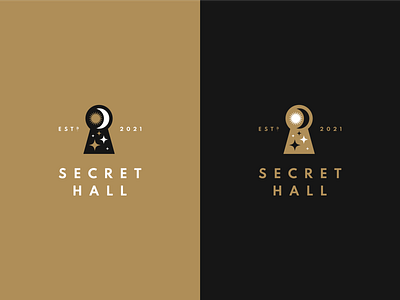 SECRET HALL branding design gold icon identity keyhole logo logomark logotype mark minimal modern moon party secret simple stars sun symbol vector