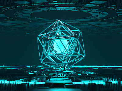 A glowing polyhedron space made by Blender