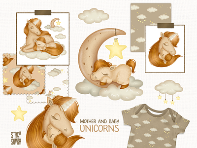 Mother&Baby Unicorns Graphic Set character design design digital paper graphic design illustration seamless pattern