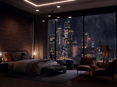 Blustery Night in New York 3d 3d visualization adobe after effects adobe photoshop animation bedroom modeling new york night rainfall rendering unreal engine
