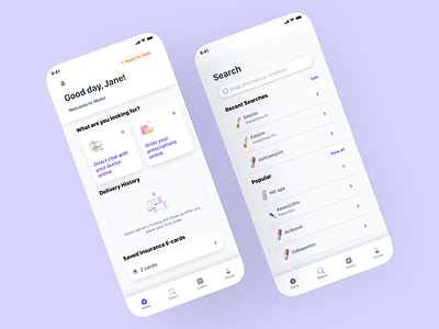 Homepage and Search for MEDS app app design branding catalogue design drugstore ecommerce homepage insurance medication pharmacy search page ui ux