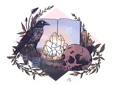 Altar crow crystal illustration leaves magic photoshop plants skull witchcraft