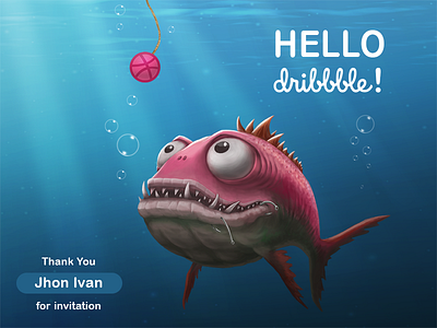 Hello Dribbble debut first shot fish illustration invitation thanks