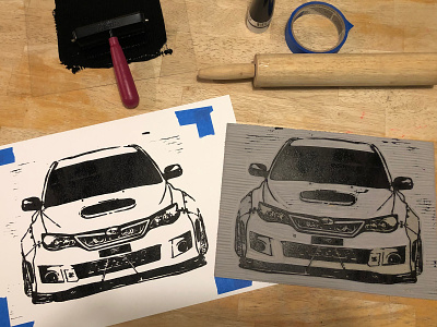 Subaru WRX STI block print for sale linocut linoprint print printed printmaking reduction sti stinkeye subaru wrx