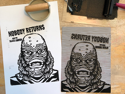 Print of the Creature from the Black Lagoon creature creature from the black lagoon horror lino linocut monster print print making